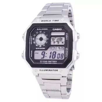 Мужские часы Casio Digital World Time WR100M AE-1200WHD-1AVDF AE-1200WHD-1AV чёрный
