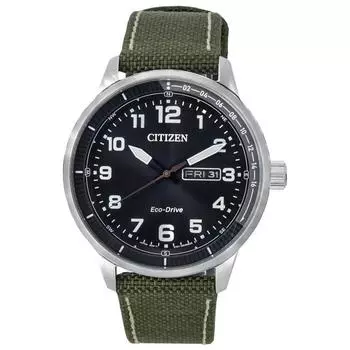 Мужские часы Citizen Urban Eco-Drive с зеленым нейлоновым ремешком и черным циферблатом BM8590-10E 100M