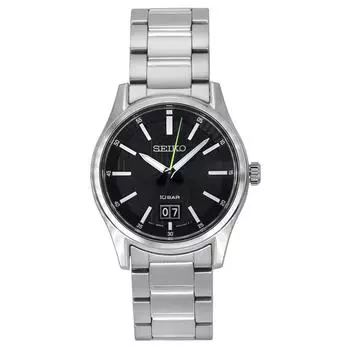 Мужские часы Seiko Analog из нержавеющей стали с черным циферблатом, кварцевые SUR535P1 100M чёрный