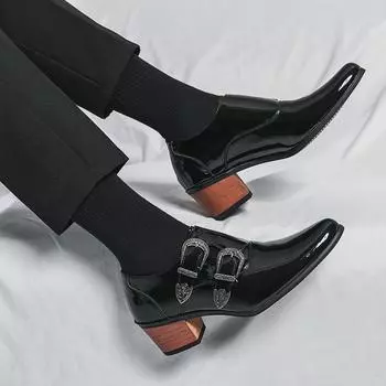 Мужские черные туфли-монки на высоком каблуке, деловые, из лакированной кожи, свадебные блейзеры, туфли-седла, большой размер EU:38 чёрный