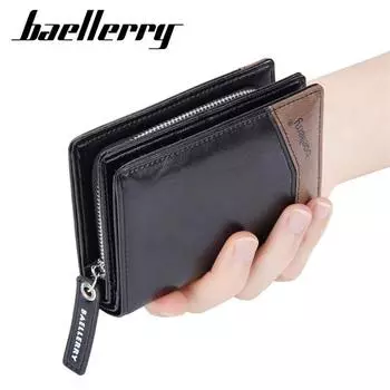 Мужские деловые кошельки Baellerry из искусственной кожи, винтажный дизайн, короткий кошелек на молнии, кошелек для монет 12*9*3.5cm чёрный