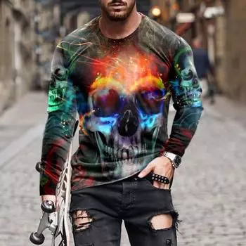Мужские футболки с принтом черепа в стиле 3D Streetwear, с длинным рукавом и круглым вырезом, с принтом ужасов на Хэллоуин, свободные готические футболки с круглым вырезом S