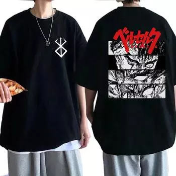 Мужские и женские футболки Berserk Смешные футболки Крутые футболки с рисунком манги Японские аниме Хлопковые топы в стиле Харадзюку Хип-хоп Футболки XL