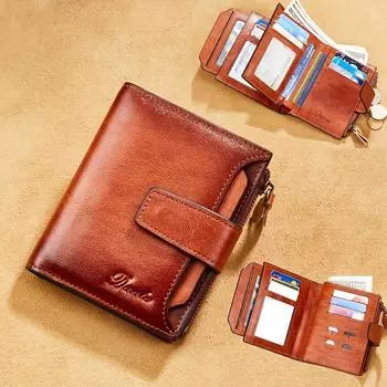 Мужские кошельки RFID из натуральной кожи, трехслойные кошельки для мужчин с окошком для удостоверения личности и держателем кредитной карты, мужской кошелек, мужской кошелек в стиле ретро коричневый