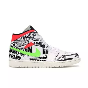 Мужские кроссовки Air Jordan 1 Mid Over-Print Logos Белый Черный-Зеленый-Красный 554724-119