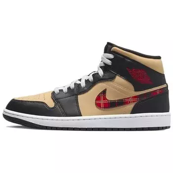 Мужские кроссовки Air Jordan 1 Mid SE Tartan Swoosh Коричневые и черные с кунжутом DZ5329-001