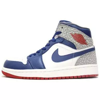 Мужские кроссовки Air Jordan 1 Mid True Blue White Fire-Red-True-Blue-Cement-Grey 554724-107