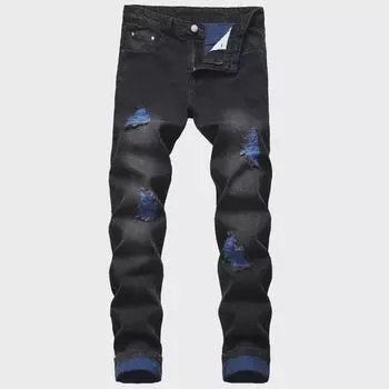 Мужские рваные джинсы Cross-Border Slim Fit из денима 38 чёрный