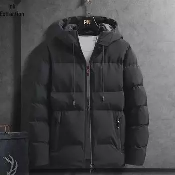 Мужское модное хлопковое пальто с капюшоном - осень/зима, короткий стиль, свободный крой, плотный материал M чёрный