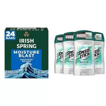 Мужское мыло Irish Mens Spring Moisture Blast, 3,7 унции, 24 шт. в упаковке и мужской дезодорант Speed Stick, обычный, 3 унции, 4 шт. в упаковке