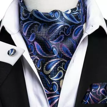 Мужской деловой галстук Hi-Tie, шарфы Ascot, синий галстук с узором пейсли, набор запонок для мужчин, носовой платок AS-1035 синий