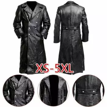 Мужской классический офицерский черный кожаный плащ XS чёрный