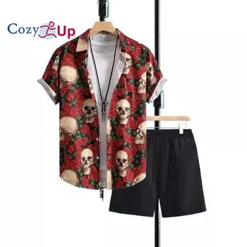 Мужской комплект из рубашки и шорт с короткими рукавами Cosy Up из 2 предметов с принтом черепа и розы S красный