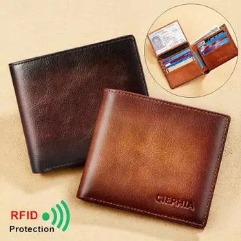 Мужской кошелек из натуральной кожи с защитой от блокировки RFID, двойной складной кошелек в стиле ретро, короткий многофункциональный держатель для кредитных карт с 2 кошельками для удостоверений личности коричневый
