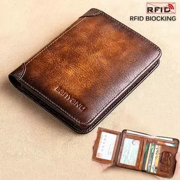 Мужской кошелек из натуральной кожи с блокировкой Rfid, тройной кошелек, винтажный тонкий короткий многофункциональный ID держатель для кредитных карт, мужской кошелек для денег