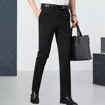 Мужской костюм Брюки Slim Fit Прямой формальный деловой стиль Чистый цвет на пуговицах на молнии Эластичные карманы Офисная одежда Длинные брюки для встреч 29 чёрный