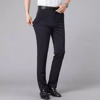 Мужской костюм Брюки Slim Fit Прямой формальный деловой стиль Чистый цвет на пуговицах на молнии Эластичные карманы Офисная одежда Длинные брюки для встреч 29 чёрный