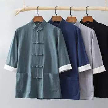 Мужской летний костюм Tang Suit, тонкая рубашка с короткими рукавами в китайском стиле в стиле ретро с китайскими пуговицами и дисками, хлопковая рубашка с короткими рукавами XXXXL чёрный