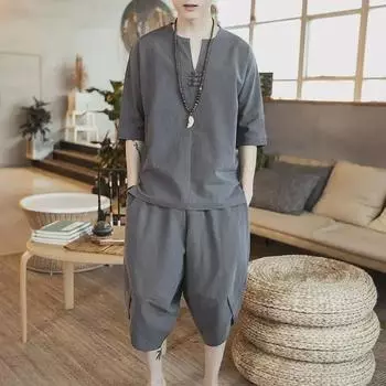 Мужской летний льняной костюм Tang: Легкий комплект из двух предметов Hanfu Zen с короткими рукавами M (45-53 kg) чёрный