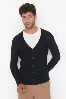 Мужской стиль плюс размер черный приталенный приталенный кардиган с v-образным вырезом на пуговицах в рубчик