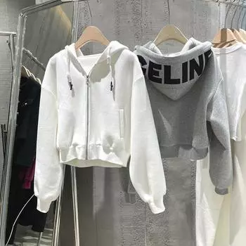 My Wardrobe Authorization Женский свитшот с капюшоном на шнурке Весна и осень Тонкий свободный короткий кардиган с принтом Куртка-свитер Топы M белый