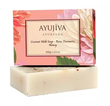 Мыло с Кокосовым молоком, Розой, Куркумой и Медом (100 г), Luxury Classic Coconut Milk Soap with Rose, Turmeric, Honey, Ayujiva Ayurveda 16.2375