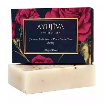 Мыло с Кокосовым молоком, Шафраном, Розой и Медом (100 г), Luxury Classic Coconut Milk Soap with Kesar, Indian Rose, Honey, Ayujiva Ayurveda 16.2375