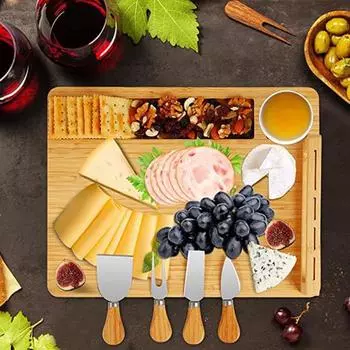 Набор бамбуковых сырных досок с 4 резаками и держателями резаков, пазами для соусов, закусок, деревянный поднос, универсальное блюдо для развлечений Square