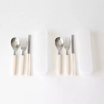Набор детских ложек и вилок Kamome Kitchen, 2 ложки + 2 пары палочек для еды + 2 вилки + 2 футляра, кремово-желтый