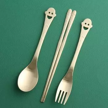 Набор детских ложек Inspoon Smile, 3 шт., золото, 1 ложка + 1 вилка + 1 палочки для еды