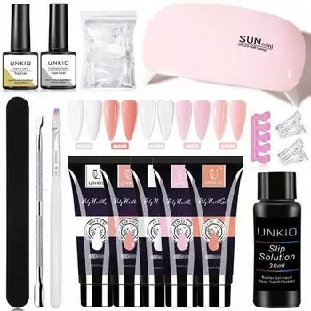Набор для наращивания ногтей Poly UV Gel Extension Set с УФ-лампой Slip Solution Base Top Coat Набор для наращивания ногтей Poly UV Gel Nail Salon At Home UV Construction Gel Kit
