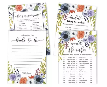 Набор игр Inkdotpot Bachelorette Party Game Set с цветочным рисунком из 4 шт.(50 листов каждый) w От мисс до миссис Голд Баннер Веселая игра в свадебный душ 5 x 7 Inches белый