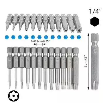 Набор из 12 бит Torx, магнитный шестигранный хвостовик 1/4 , набор сверл Star с защитой от несанкционированного доступа, длинное сверло 2 дюйма T5-T40(50мм)