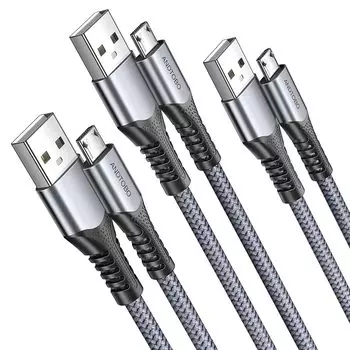 [Набор из 3] Кабель Micro USB для быстрой зарядки Android, высокоскоростной передачи данных, нейлоновая оплетка, совместимость с Sharp Aquos/Sony XperiaAsus/Galaxy,