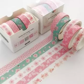Набор из 5 лент Sakura Washi, базовая декоративная клейкая лента, принадлежности для журналов, канцелярские принадлежности Washitape для скрапбукинга, симпатичная клейкая лента