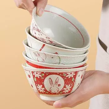 Набор из 5 японских мисок для риса, керамическая миска для супа, каши, овсянки, мультяшный кролик, подарочная столовая посуда, набор мисок для сервировки 4,5 дюйма 4.5 inch красный