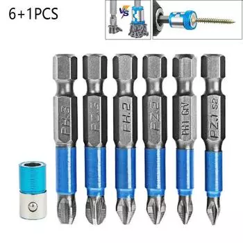 Набор из 6 нескользящих отверточных бит 50 мм PH1/PH2/PH3/PZ1/PZ2/PZ3 + 1 магнитное кольцо