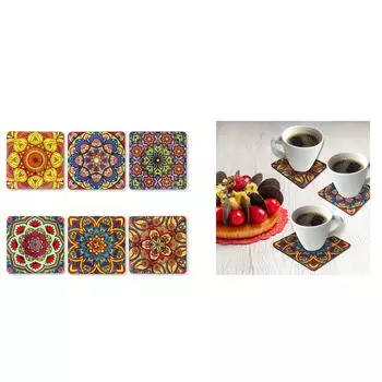 Набор из 6 подставок Mandala диаметром 4 дюйма с держателем. Уникальный дизайн ручной работы. Квадрат с держателем 10x10 см.