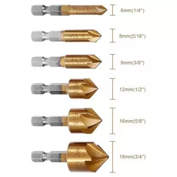 Набор из 6 сверл с зенковкой 1/4 , шестигранный хвостовик, зенковка HSS с 5 канавками, 90 градусов, фаскосниматель по дереву, инструменты для снятия фаски 6-19 мм Hexagon shank