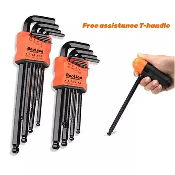 Набор из 9 шестигранных ключей, шестигранный ключ, квадратный ключ Torx, внутренний шестигранный длинный шаровой конец, L-образный ключ 1,5–10 мм с Т-образной рукояткой