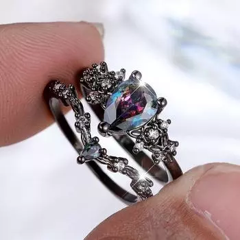 Набор колец Boho Water Drop Shape Circon для женщин, элегантные тонкие, складные, с цветочным дизайном, обручальные кольца, ювелирные изделия, подарок 6 чёрный