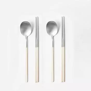Набор ложек Moda Kitchen Nabom на 2 персоны, сливки, 2 ложки + 2 палочки для еды, 1 набор, популярная корейская посуда