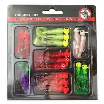 Набор рыболовных приманок Jig Lead Head Hooks Soft Worm Grub Single Tail Bait 17 шт.