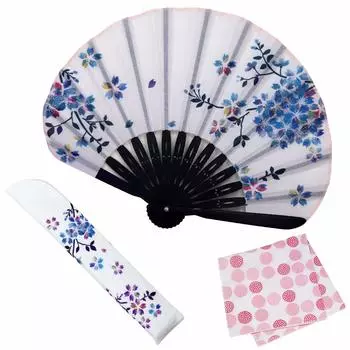 Набор вееров с веером Saisakura Blue [Osaka Choseido], женский, стильный, деловой, сумка, держатель, носовой платок, синий