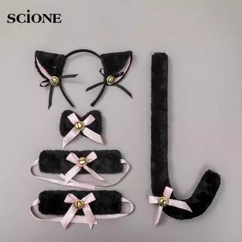 Наборы из 5 шт., Лолита, девочка-кошка, косплей, кошачьи уши, повязка для волос, галстук-бабочка, колокольчик, набор аксессуаров для кошачьего хвоста
