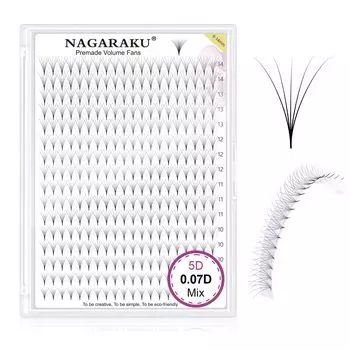 NAGARAKU Premade Fan Eyelash Extensions 320 Fans 5D Volume D Curl Mix Tray Sharp and Narrow Stem Cluster Thin Pointed Base with Russian Fluffy Matte