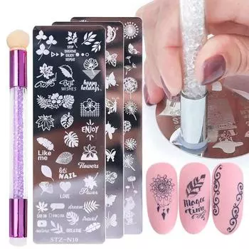 Nail Stamping Plates Set Silicone Sponge Brush Polish Transfer Stencils Flower Geometry DIY Template for Nail Tool STZN-01