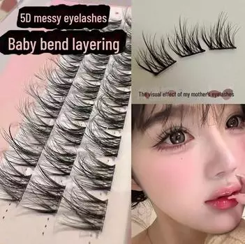Накладные ресницы 5D Fluffy Curved без клея — естественная струящаяся структура, небрежный ленивый вид, один пучок 3-row plush
