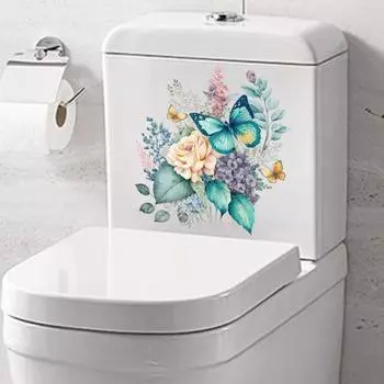 Наклейки на унитаз, акварель, цветочный пион, бабочка, прочная водостойкая самоклеящаяся наклейка на стену для декора ванной комнаты Buttefly