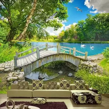 Настенная роспись Обои Домашний декор Маленький мост Озеро Вода 3D Природа Пейзаж Фото Фон Настенная живопись Обои 200 cm(W) x 140 cm(H)